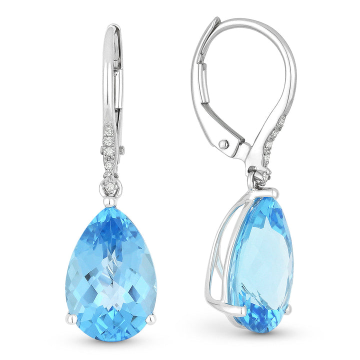 Beautiful Hand Crafted 14K White Gold 8X12MM Blue Topaz And Diamond Essentials Collection Drop Dangle Earrings With A Lever Back Closure