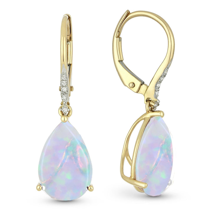 Beautiful Hand Crafted 14K Yellow Gold 8X12MM Created Ethiopian Opal And Diamond Essentials Collection Drop Dangle Earrings With A Lever Back Closure