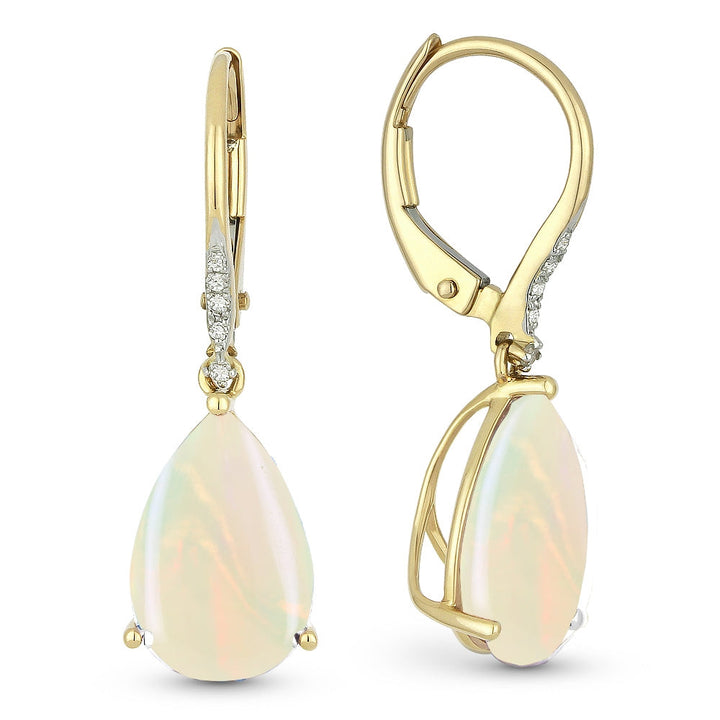 Beautiful Hand Crafted 14K Yellow Gold 8X12MM Created Ethiopian Opal And Diamond Essentials Collection Drop Dangle Earrings With A Lever Back Closure