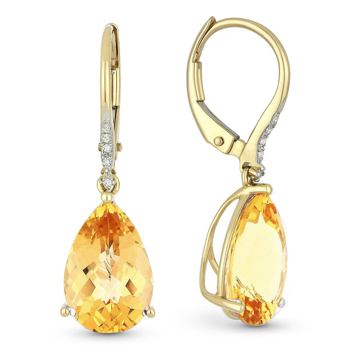 Beautiful Hand Crafted 14K Yellow Gold 8X12MM Citrine And Diamond Essentials Collection Drop Dangle Earrings With A Lever Back Closure