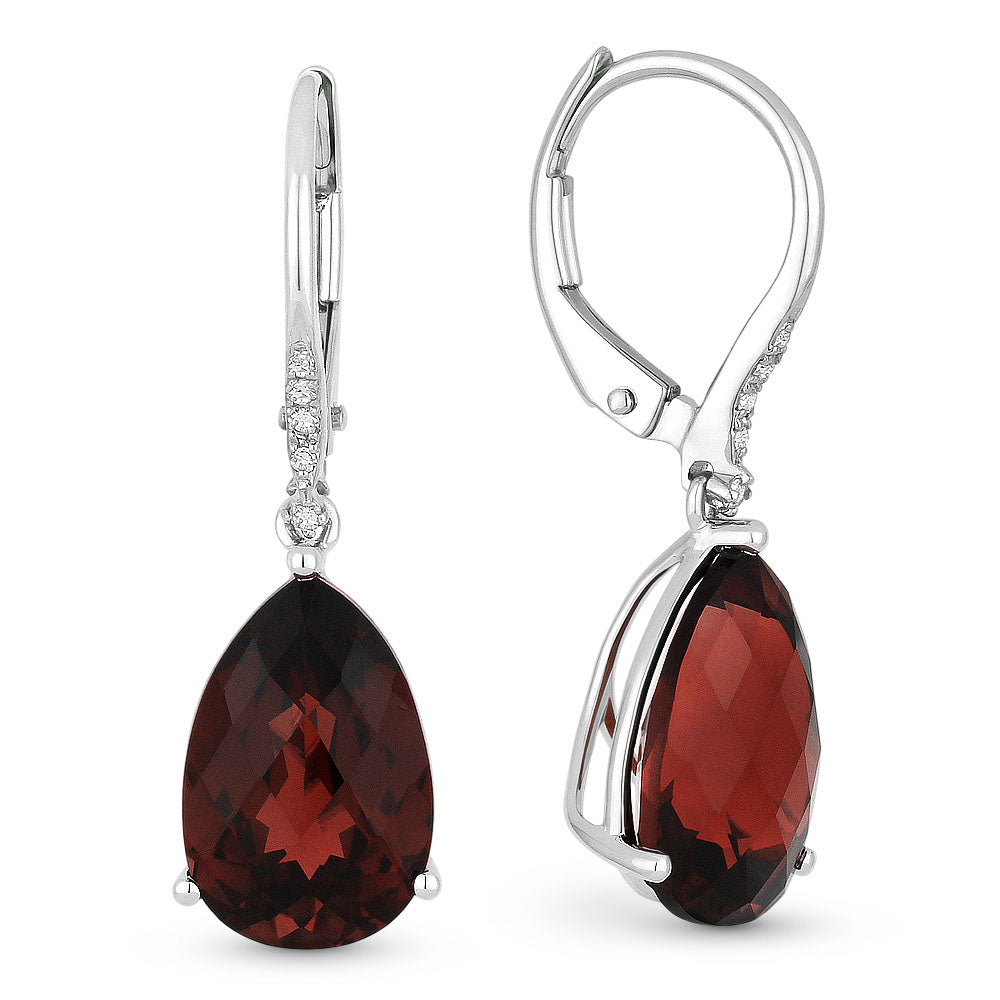 Beautiful Hand Crafted 14K White Gold 8X12MM Garnet And Diamond Essentials Collection Drop Dangle Earrings With A Lever Back Closure