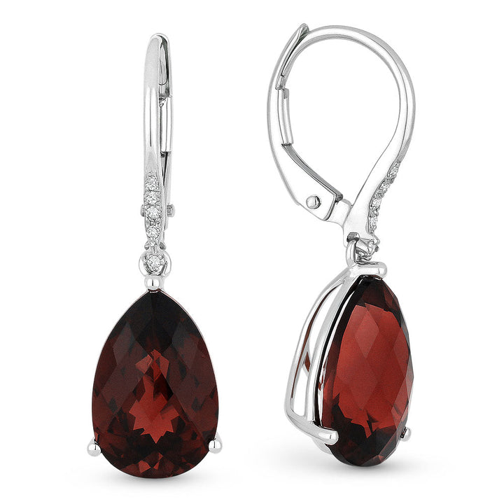 Beautiful Hand Crafted 14K White Gold 8X12MM Garnet And Diamond Essentials Collection Drop Dangle Earrings With A Lever Back Closure