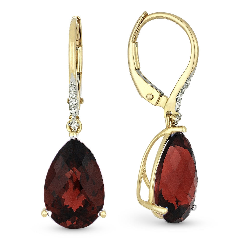 Beautiful Hand Crafted 14K Yellow Gold 8X12MM Garnet And Diamond Essentials Collection Drop Dangle Earrings With A Lever Back Closure