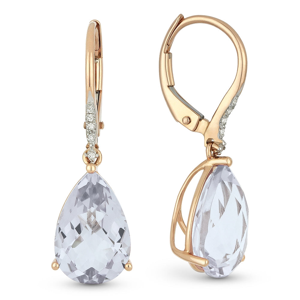 Beautiful Hand Crafted 14K Rose Gold 8X12MM White Topaz And Diamond Essentials Collection Drop Dangle Earrings With A Lever Back Closure
