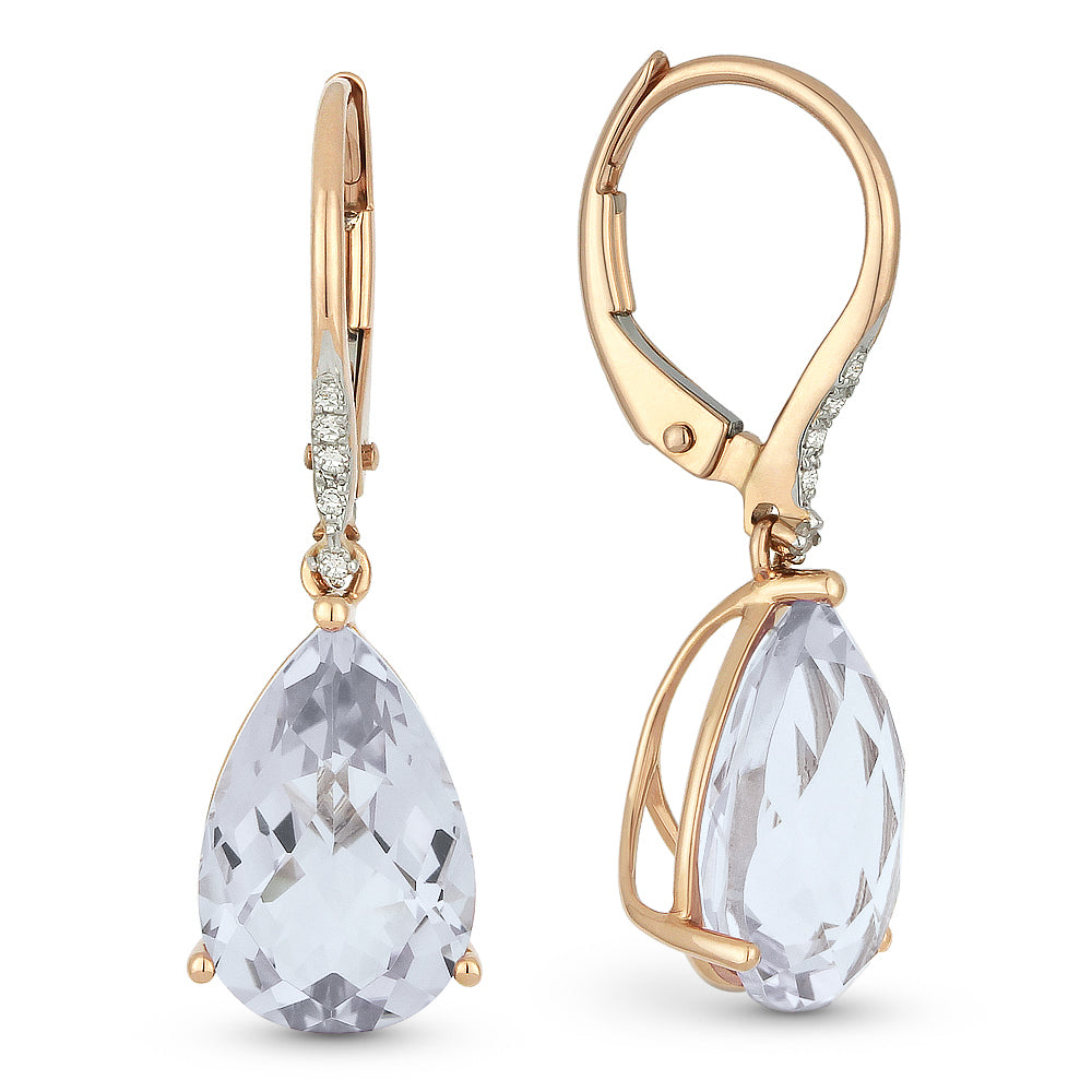 Beautiful Hand Crafted 14K Rose Gold 8X12MM White Topaz And Diamond Essentials Collection Drop Dangle Earrings With A Lever Back Closure