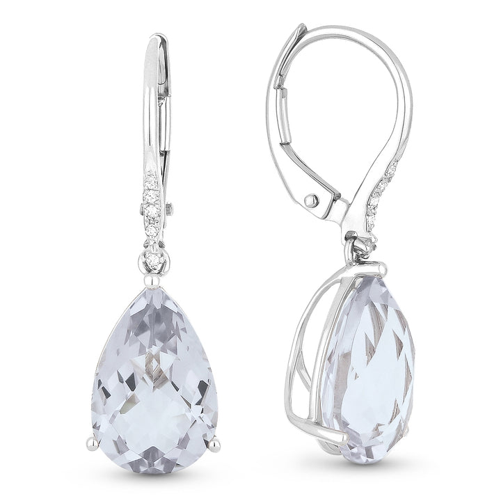 Beautiful Hand Crafted 14K White Gold 8X12MM White Topaz And Diamond Essentials Collection Drop Dangle Earrings With A Lever Back Closure