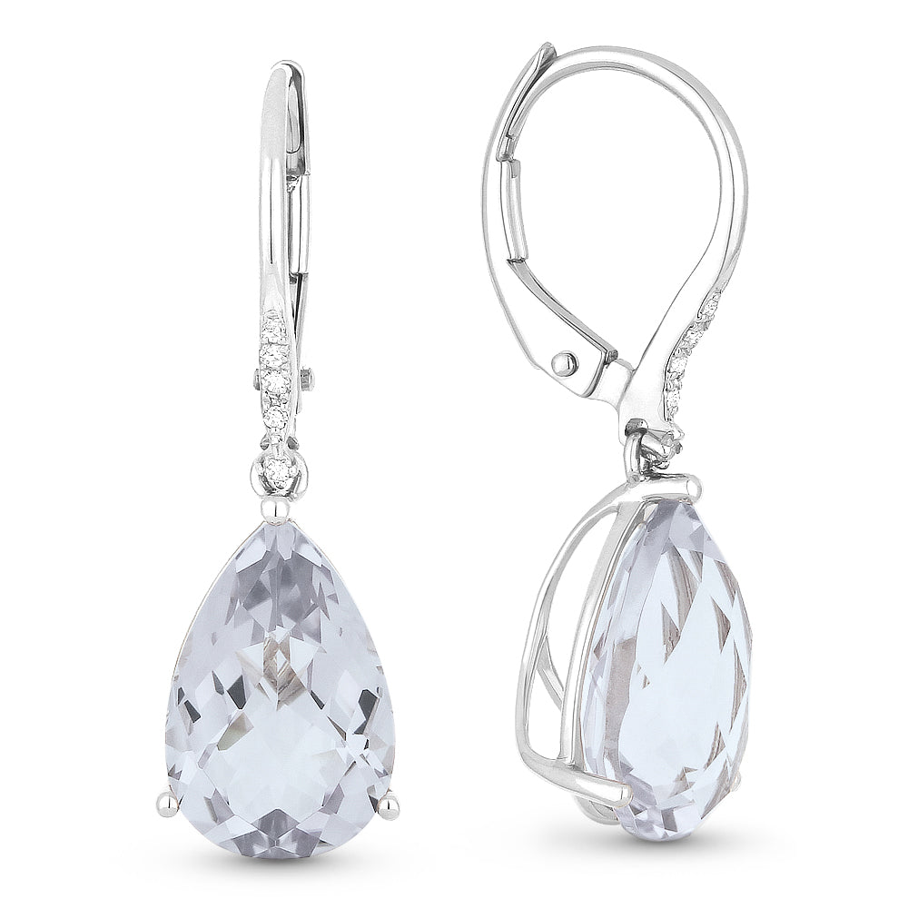 Beautiful Hand Crafted 14K White Gold 8X12MM White Topaz And Diamond Essentials Collection Drop Dangle Earrings With A Lever Back Closure