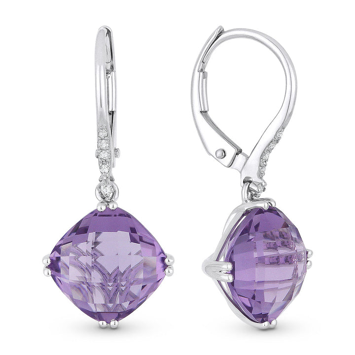 Beautiful Hand Crafted 14K White Gold 8MM Amethyst And Diamond Essentials Collection Drop Dangle Earrings With A retail-facing