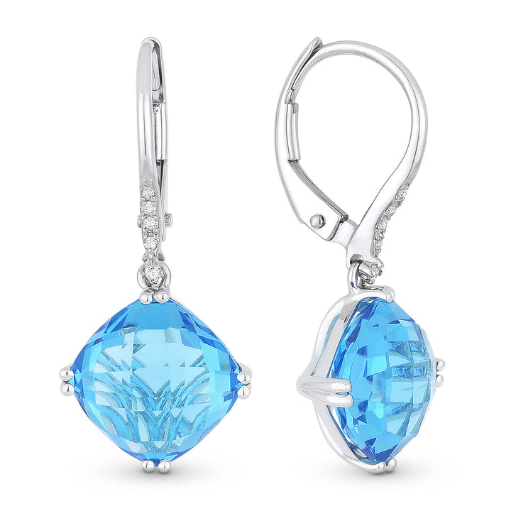 Beautiful Hand Crafted 14K White Gold 8MM Blue Topaz And Diamond Essentials Collection Drop Dangle Earrings With A retail-facing