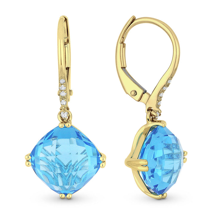 Beautiful Hand Crafted 14K Yellow Gold 8MM Blue Topaz And Diamond Essentials Collection Drop Dangle Earrings With A Lever Back Closure