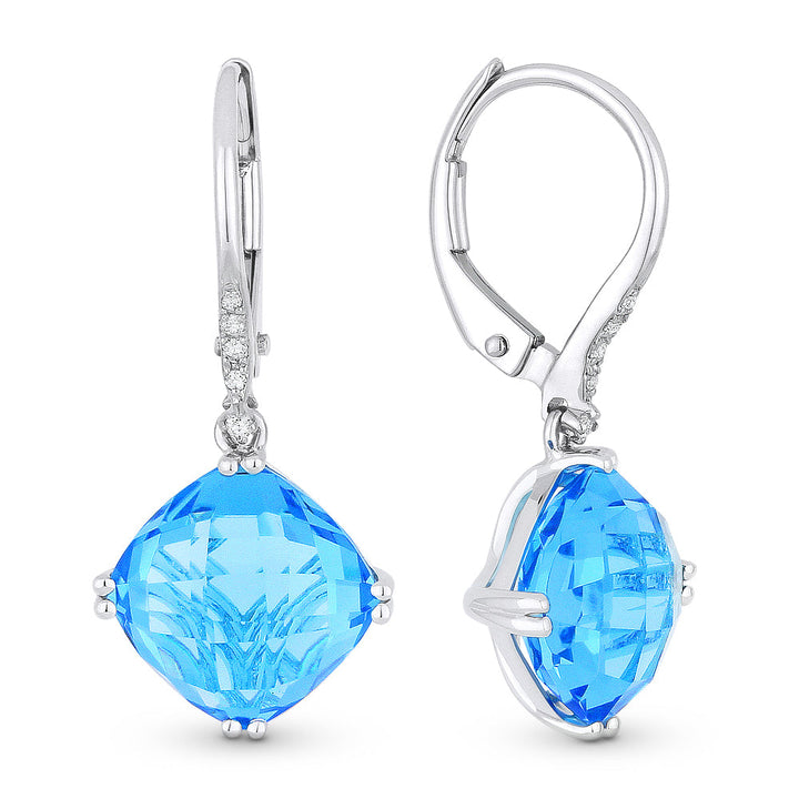 Beautiful Hand Crafted 14K White Gold 8MM Swiss Blue Topaz And Diamond Essentials Collection Drop Dangle Earrings With A Lever Back Closure