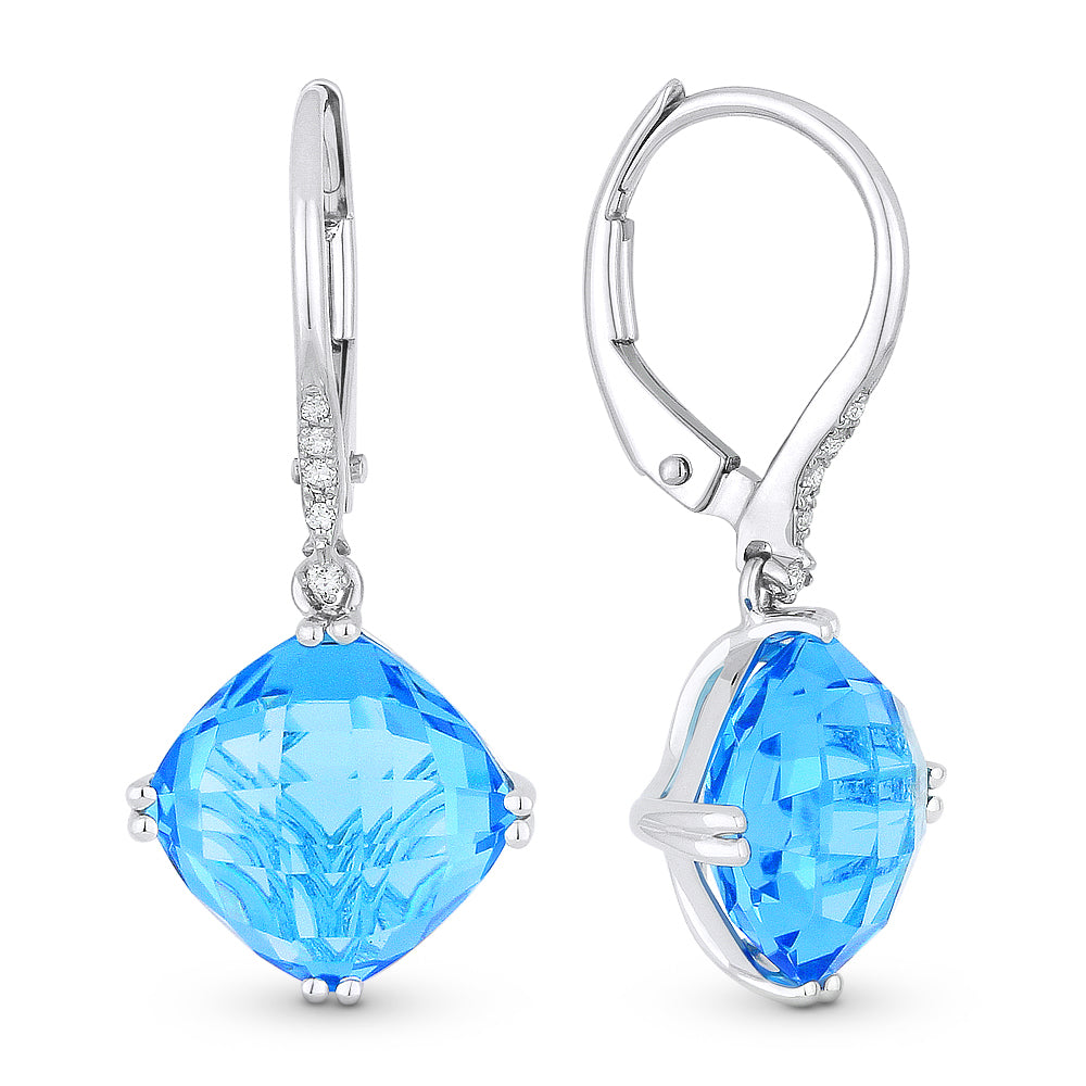 Beautiful Hand Crafted 14K White Gold 8MM Swiss Blue Topaz And Diamond Essentials Collection Drop Dangle Earrings With A retail-facing