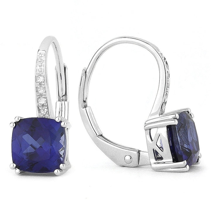Beautiful Hand Crafted 14K White Gold 6MM Created Sapphire And Diamond Essentials Collection Drop Dangle Earrings With A Lever Back Closure
