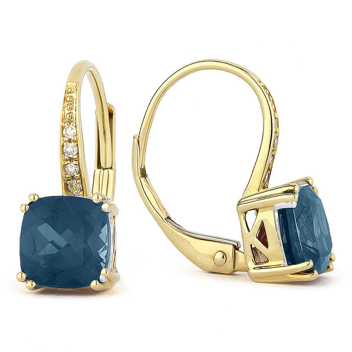 Beautiful Hand Crafted 14K Yellow Gold 6MM London Blue Topaz And Diamond Essentials Collection Drop Dangle Earrings With A Lever Back Closure