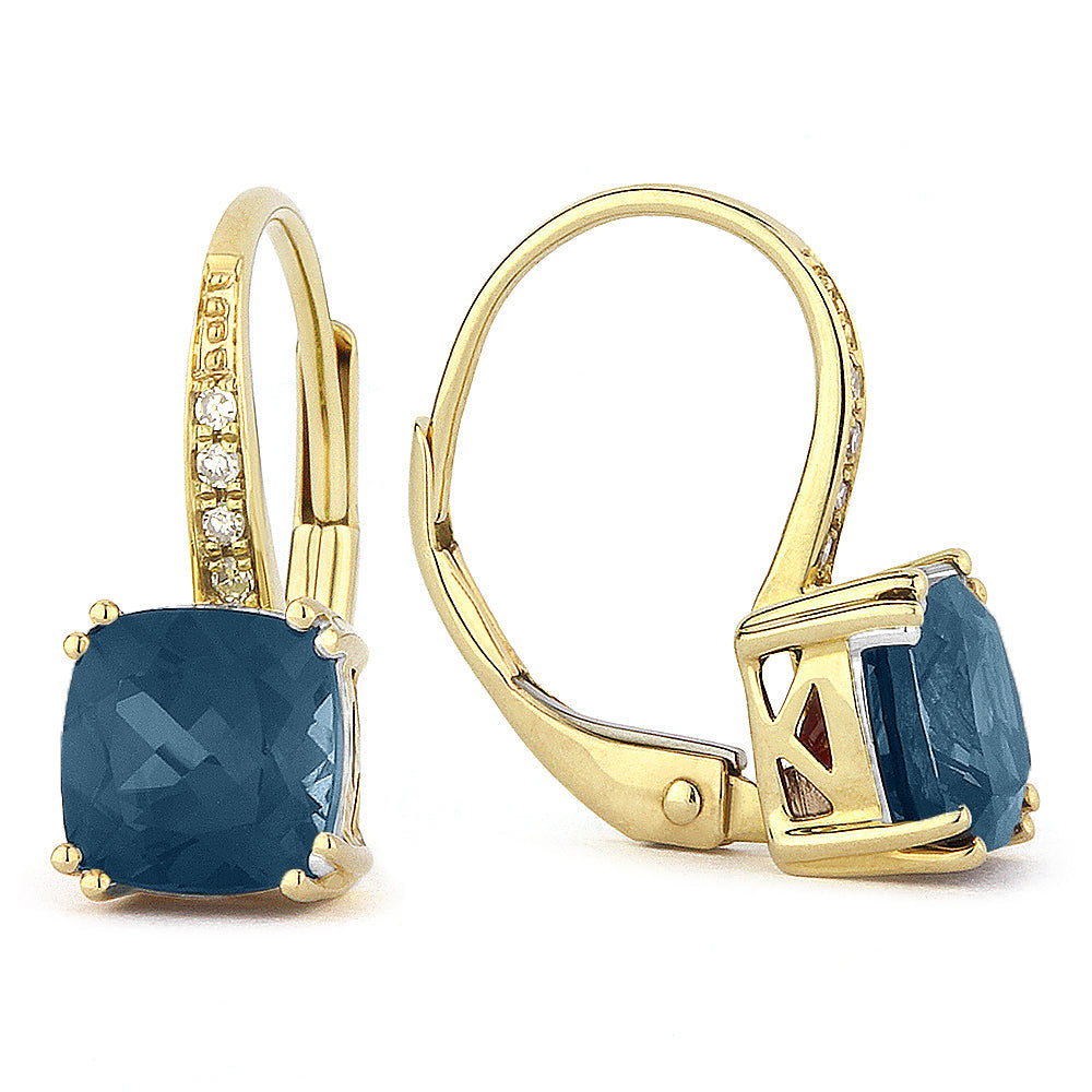Beautiful Hand Crafted 14K Yellow Gold 6MM London Blue Topaz And Diamond Essentials Collection Drop Dangle Earrings With A Lever Back Closure