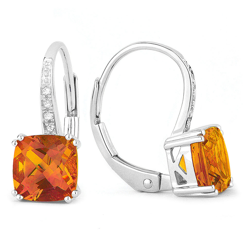 Beautiful Hand Crafted 14K White Gold 6MM Created Padparadscha And Diamond Essentials Collection Drop Dangle Earrings With A Lever Back Closure