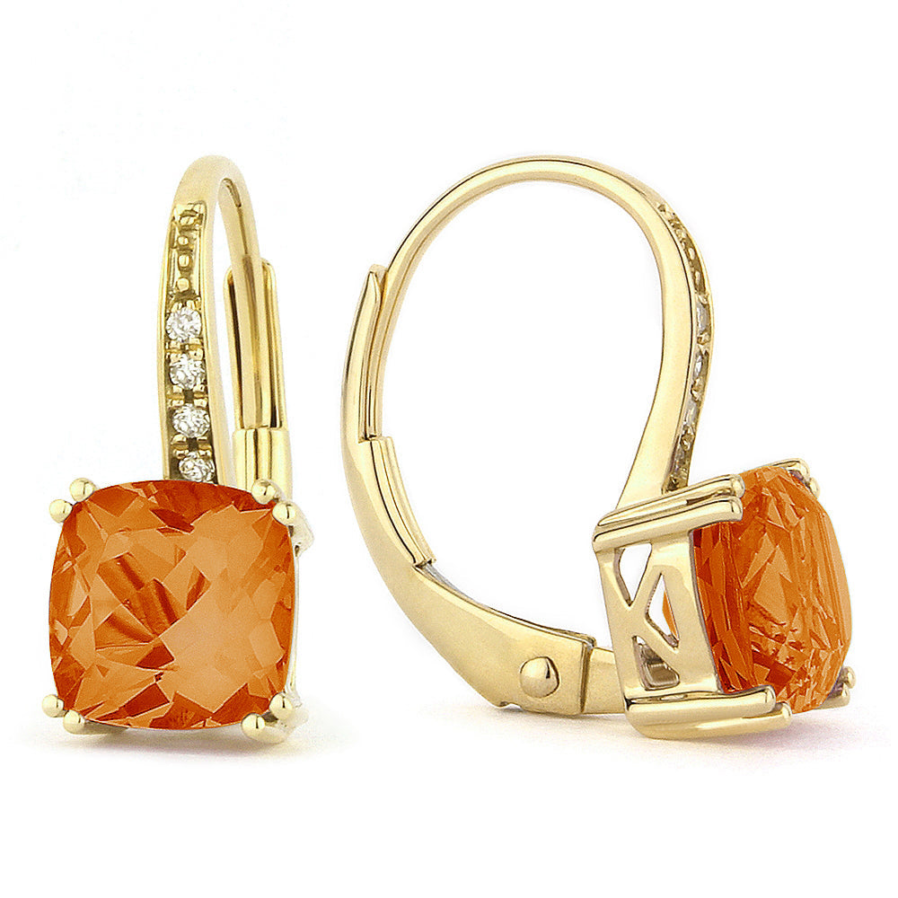 Beautiful Hand Crafted 14K Yellow Gold 6MM Created Padparadscha And Diamond Essentials Collection Drop Dangle Earrings With A Lever Back Closure