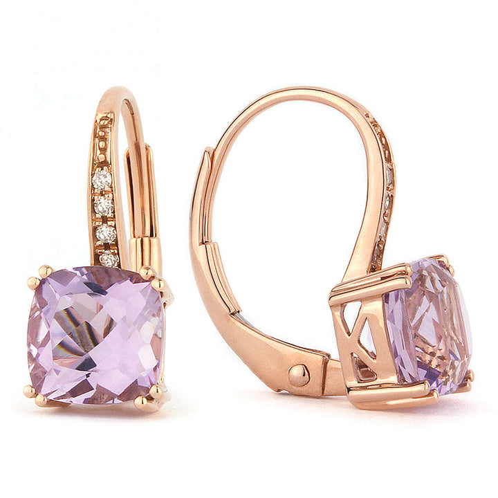 Beautiful Hand Crafted 14K Rose Gold 6MM Pink Amethyst And Diamond Essentials Collection Drop Dangle Earrings With A Lever Back Closure