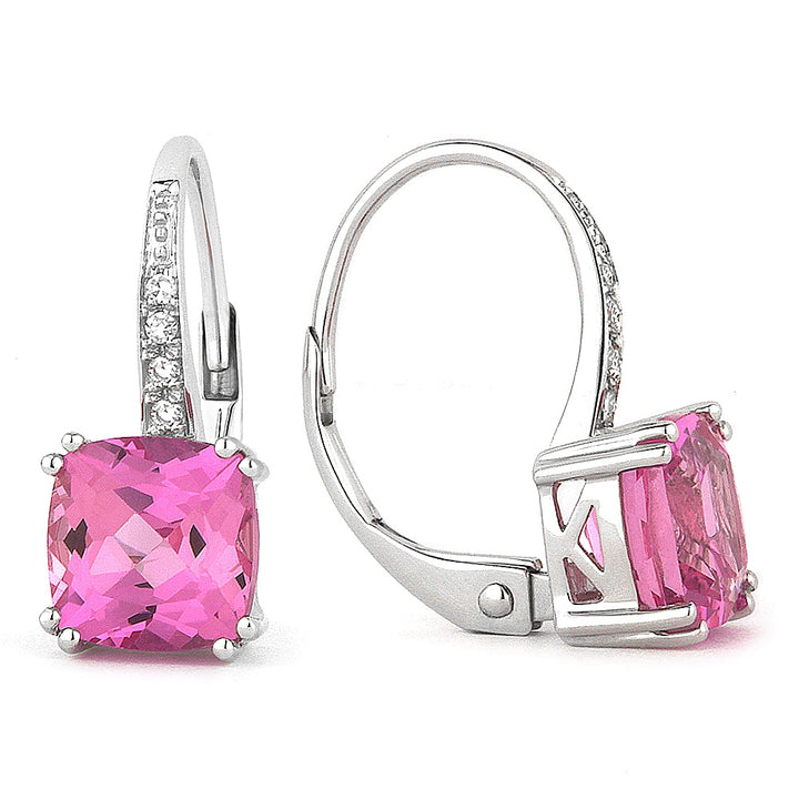 Beautiful Hand Crafted 14K White Gold 6MM Created Pink Sapphire And Diamond Essentials Collection Drop Dangle Earrings With A Lever Back Closure