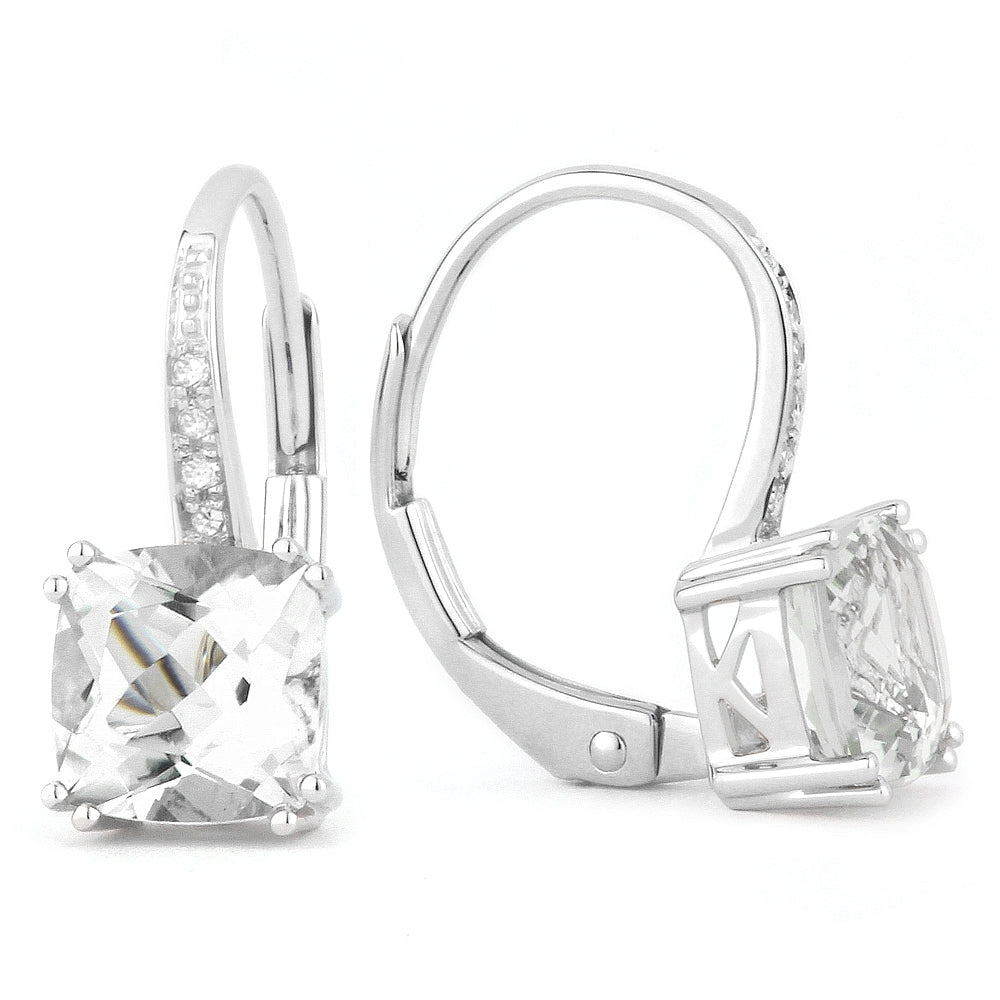 Beautiful Hand Crafted 14K White Gold 6MM White Topaz And Diamond Essentials Collection Drop Dangle Earrings With A Lever Back Closure