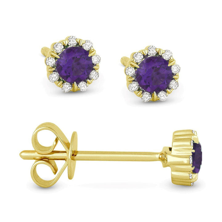 Beautiful Hand Crafted 14K Yellow Gold 3MM Amethyst And Diamond Essentials Collection Stud Earrings With A Push Back Closure