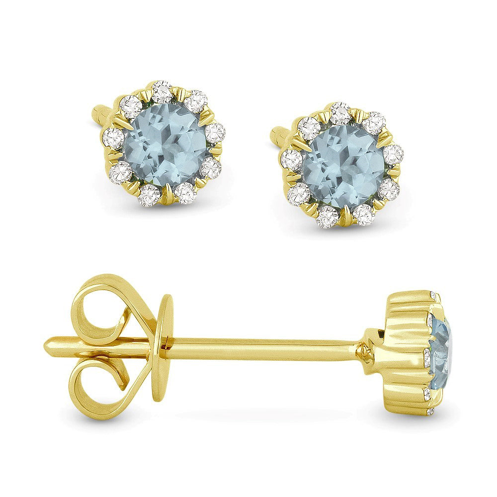Beautiful Hand Crafted 14K Yellow Gold 3MM Aquamarine And Diamond Essentials Collection Stud Earrings With A Push Back Closure
