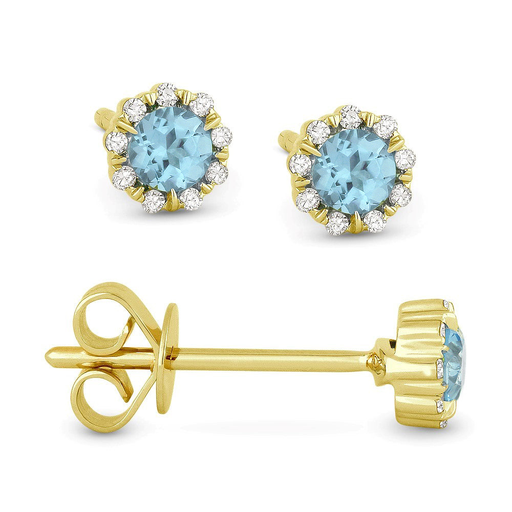 Beautiful Hand Crafted 14K Yellow Gold 3MM Blue Topaz And Diamond Essentials Collection Stud Earrings With A Push Back Closure