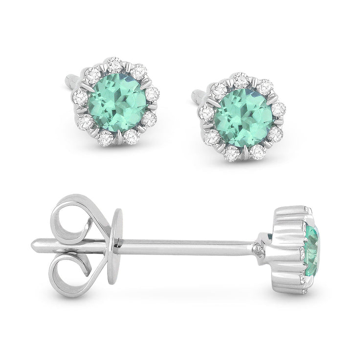 Beautiful Hand Crafted 14K White Gold 3MM Created Tourmaline Paraiba And Diamond Essentials Collection Stud Earrings With A Push Back Closure