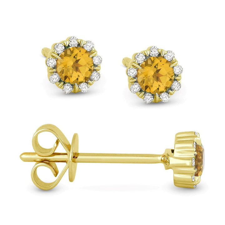 Beautiful Hand Crafted 14K Yellow Gold 3MM Citrine And Diamond Essentials Collection Stud Earrings With A Push Back Closure