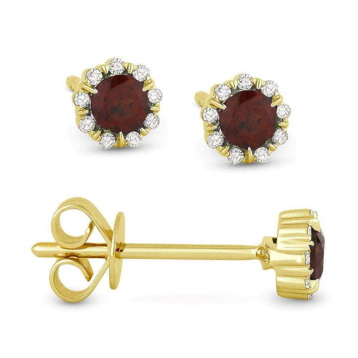 Beautiful Hand Crafted 14K Yellow Gold 3MM Garnet And Diamond Essentials Collection Stud Earrings With A Push Back Closure