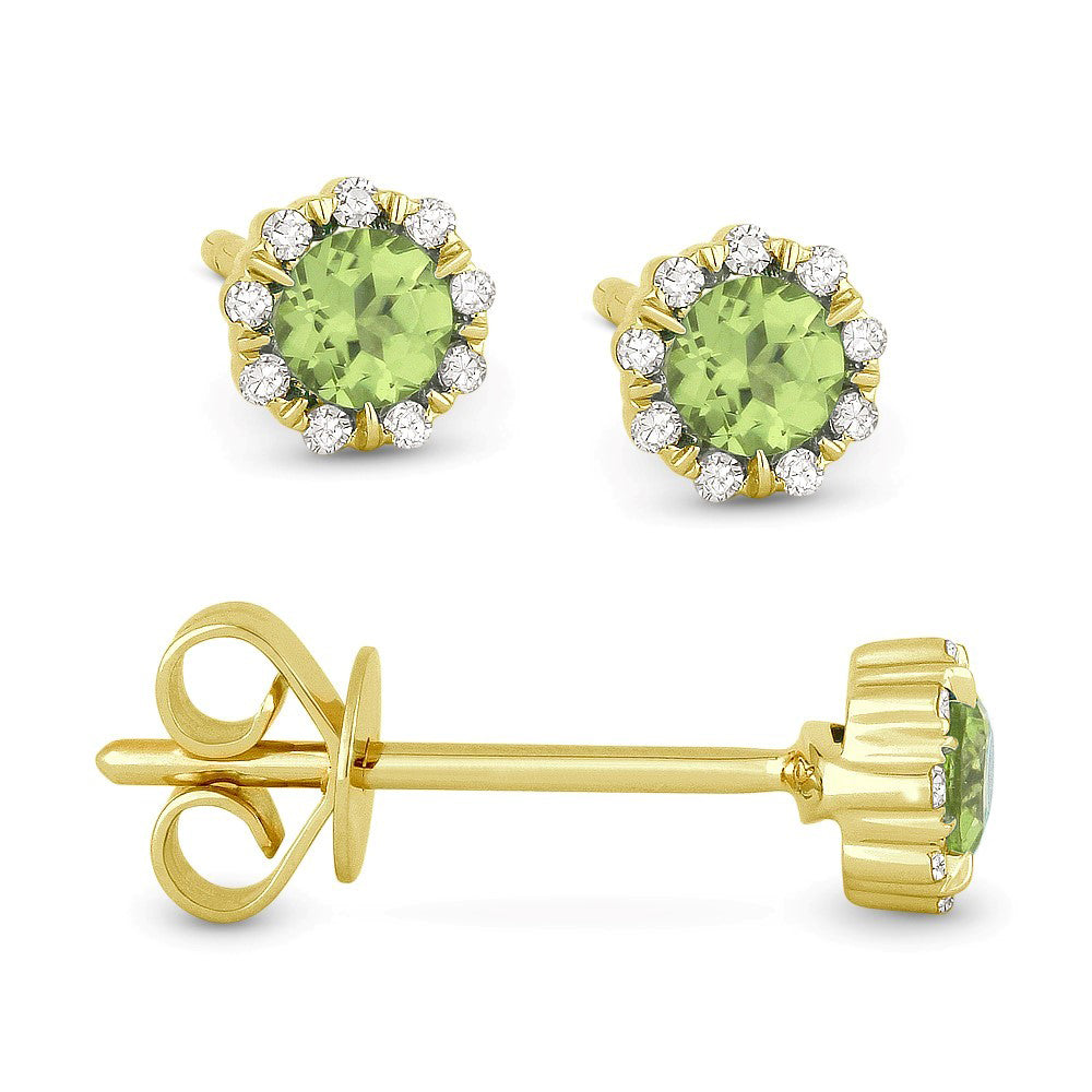 Beautiful Hand Crafted 14K Yellow Gold 3MM Peridot And Diamond Essentials Collection Stud Earrings With A Push Back Closure