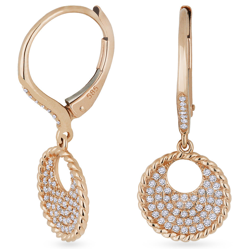 Beautiful Hand Crafted 14K Rose Gold White Diamond Milano Collection Drop Dangle Earrings With A Lever Back Closure