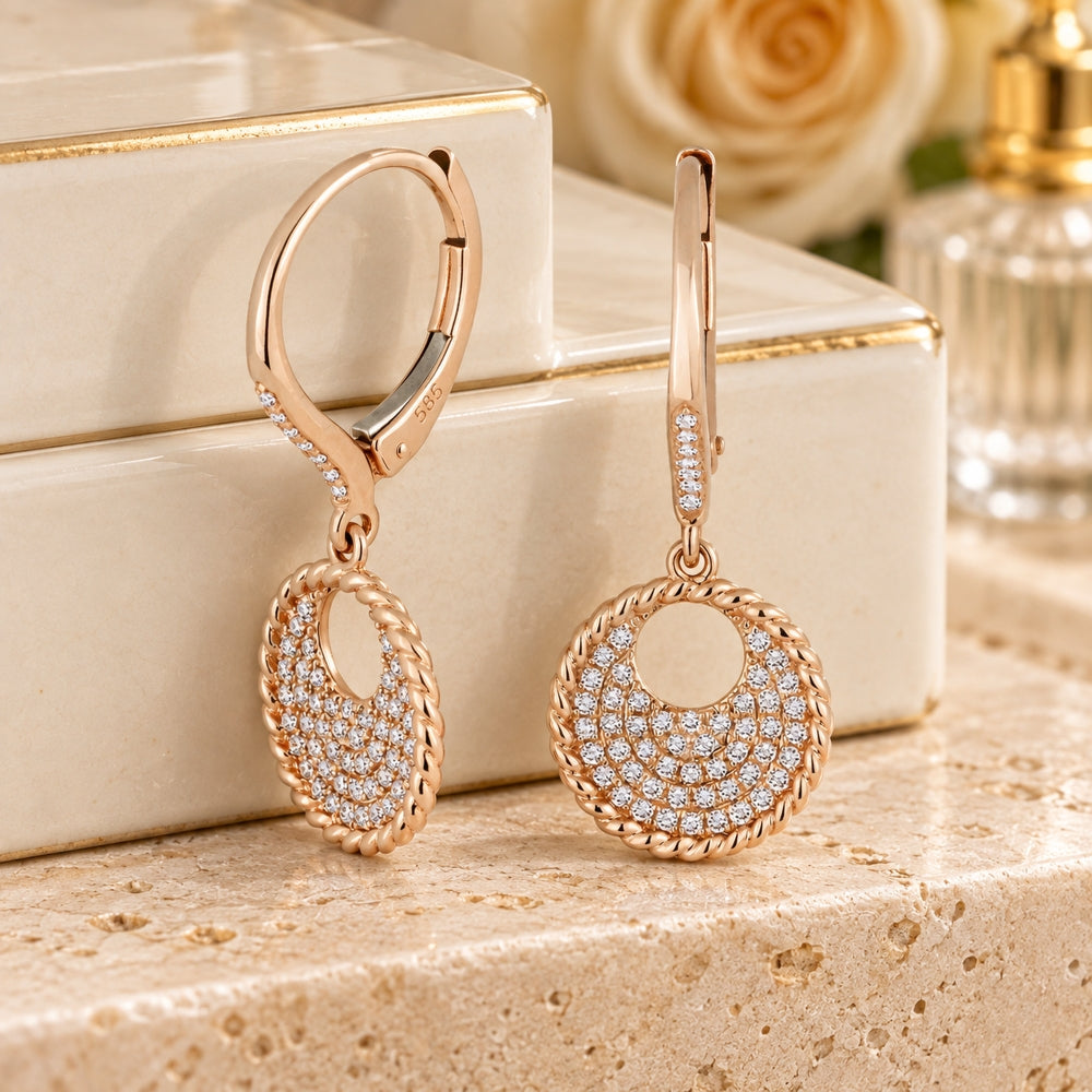 E1035 - 14K Gold Diamond Round Drop Earrings