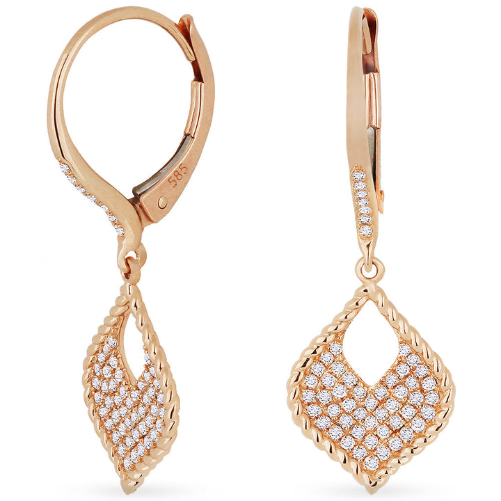 Beautiful Hand Crafted 14K Rose Gold White Diamond Milano Collection Drop Dangle Earrings With A Lever Back Closure