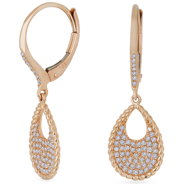 Beautiful Hand Crafted 14K Rose Gold White Diamond Milano Collection Drop Dangle Earrings With A Lever Back Closure