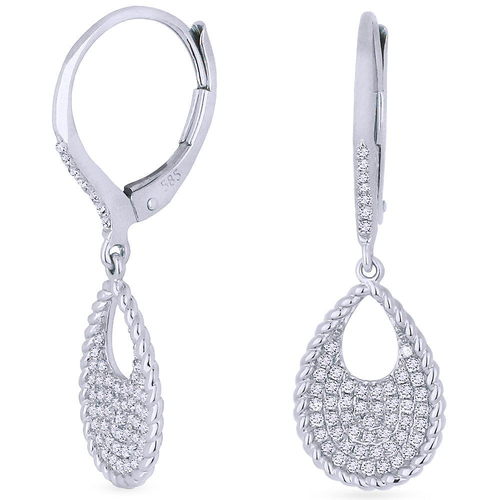 Beautiful Hand Crafted 14K White Gold White Diamond Milano Collection Drop Dangle Earrings With A Lever Back Closure