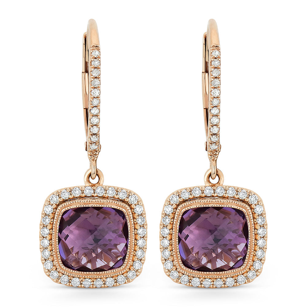 Beautiful Hand Crafted 14K Rose Gold 7MM Amethyst And Diamond Essentials Collection Drop Dangle Earrings With A Lever Back Closure