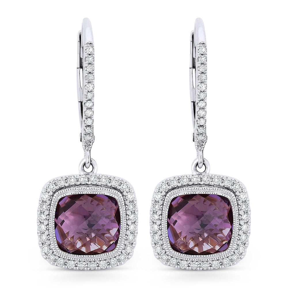 Beautiful Hand Crafted 14K White Gold 7MM Amethyst And Diamond Essentials Collection Drop Dangle Earrings With A Lever Back Closure