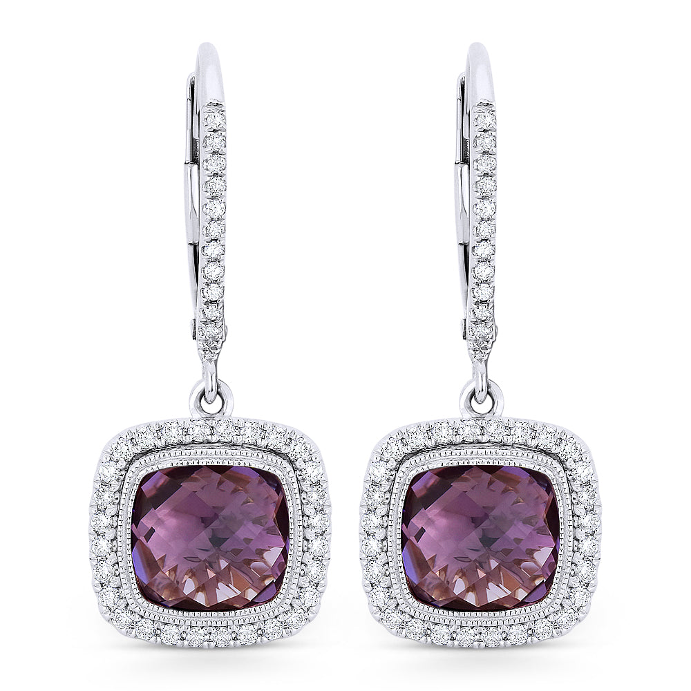 Beautiful Hand Crafted 14K White Gold 7MM Amethyst And Diamond Essentials Collection Drop Dangle Earrings With A Lever Back Closure