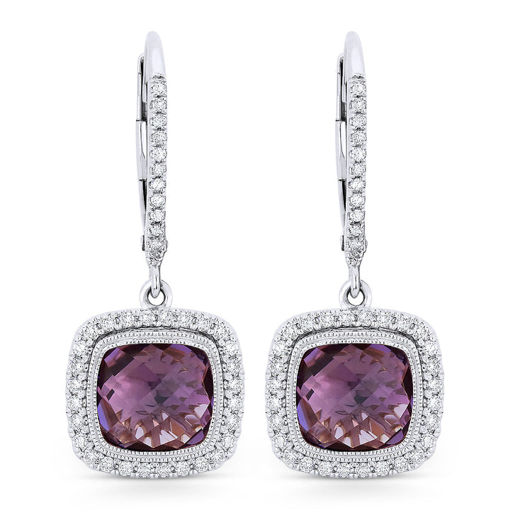 Beautiful Hand Crafted 14K White Gold 7MM Amethyst And Diamond Essentials Collection Drop Dangle Earrings With A Lever Back Closure