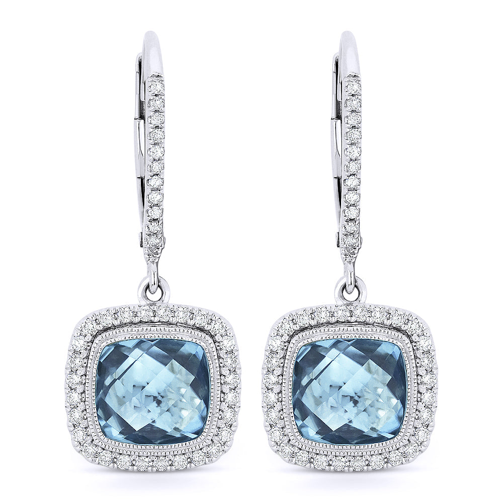 Beautiful Hand Crafted 14K White Gold 7MM Blue Topaz And Diamond Essentials Collection Drop Dangle Earrings With A Lever Back Closure