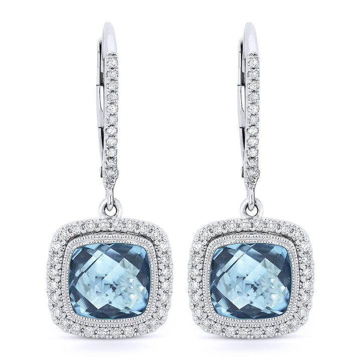 Beautiful Hand Crafted 14K White Gold 7MM Blue Topaz And Diamond Essentials Collection Drop Dangle Earrings With A Lever Back Closure