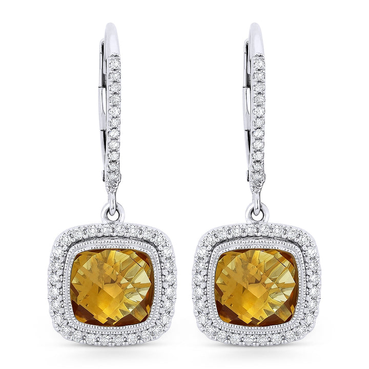 Beautiful Hand Crafted 14K White Gold 7MM Citrine And Diamond Essentials Collection Drop Dangle Earrings With A Lever Back Closure