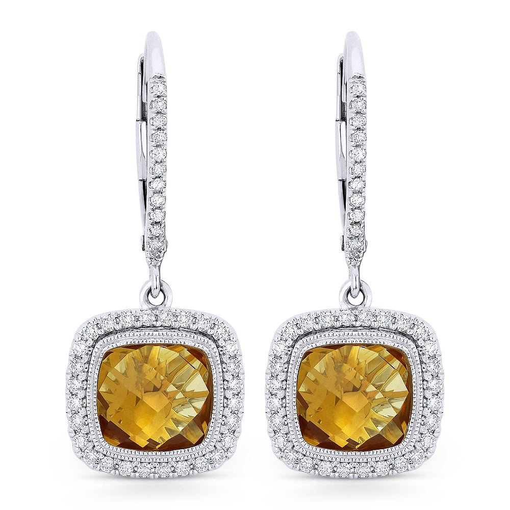 Beautiful Hand Crafted 14K White Gold 7MM Citrine And Diamond Essentials Collection Drop Dangle Earrings With A Lever Back Closure