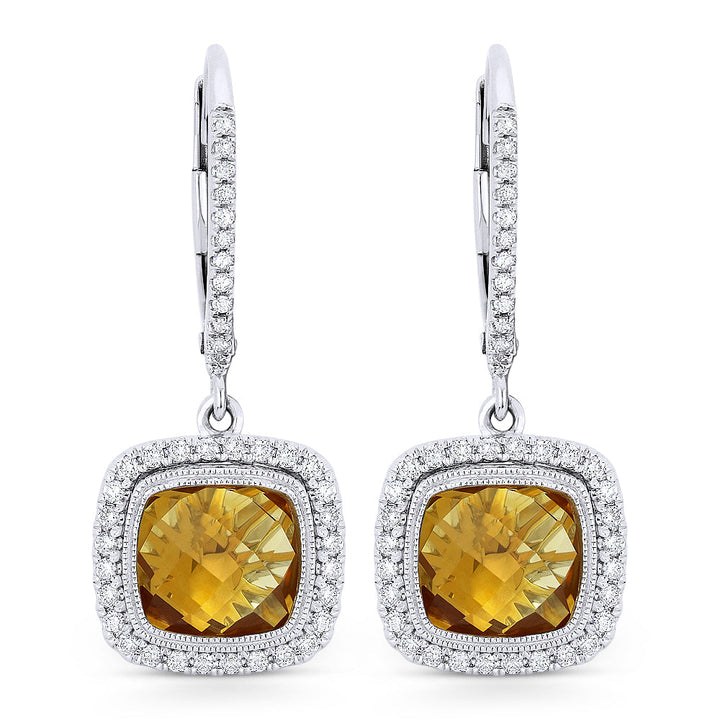 Beautiful Hand Crafted 14K White Gold 7MM Citrine And Diamond Essentials Collection Drop Dangle Earrings With A Lever Back Closure