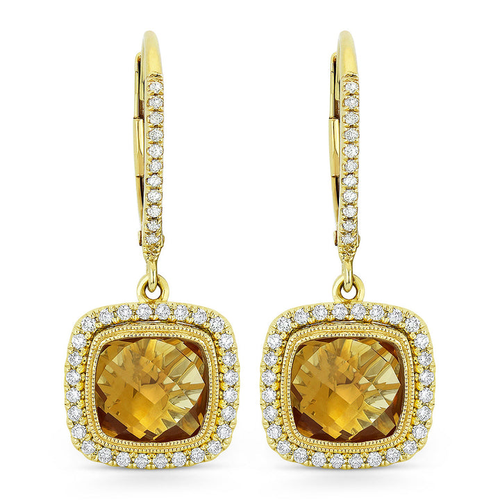 Beautiful Hand Crafted 14K Yellow Gold 7MM Citrine And Diamond Essentials Collection Drop Dangle Earrings With A Lever Back Closure