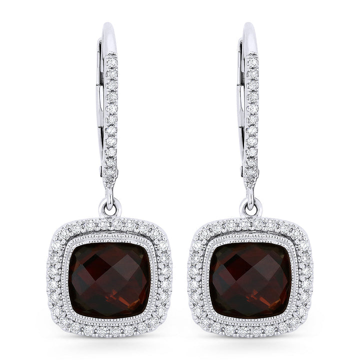 Beautiful Hand Crafted 14K White Gold 7MM Garnet And Diamond Essentials Collection Drop Dangle Earrings With A Lever Back Closure