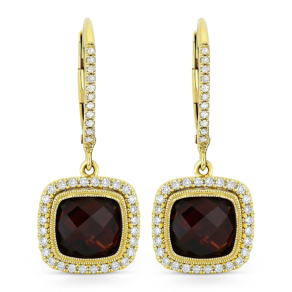 Beautiful Hand Crafted 14K Yellow Gold 7MM Garnet And Diamond Essentials Collection Drop Dangle Earrings With A Lever Back Closure