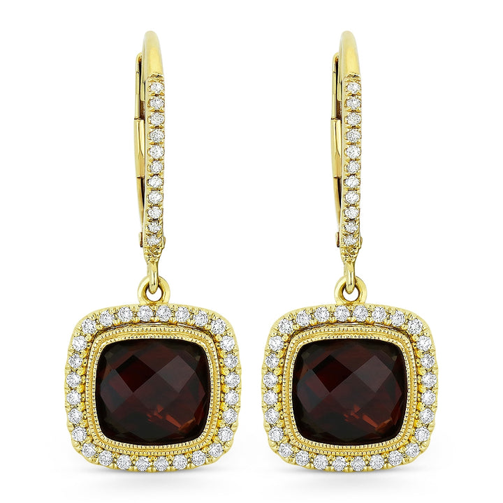 Beautiful Hand Crafted 14K Yellow Gold 7MM Garnet And Diamond Essentials Collection Drop Dangle Earrings With A Lever Back Closure