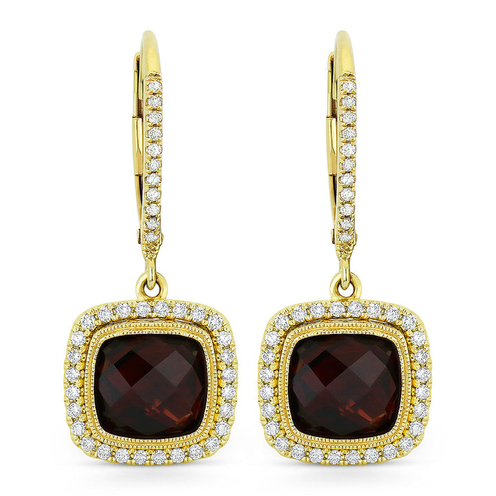 Beautiful Hand Crafted 14K Yellow Gold 7MM Garnet And Diamond Essentials Collection Drop Dangle Earrings With A Lever Back Closure